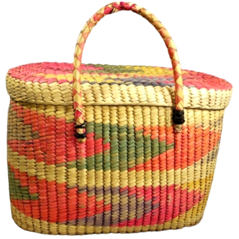 Maclean Large Multi Colored Woven Basket With Lid And Handles